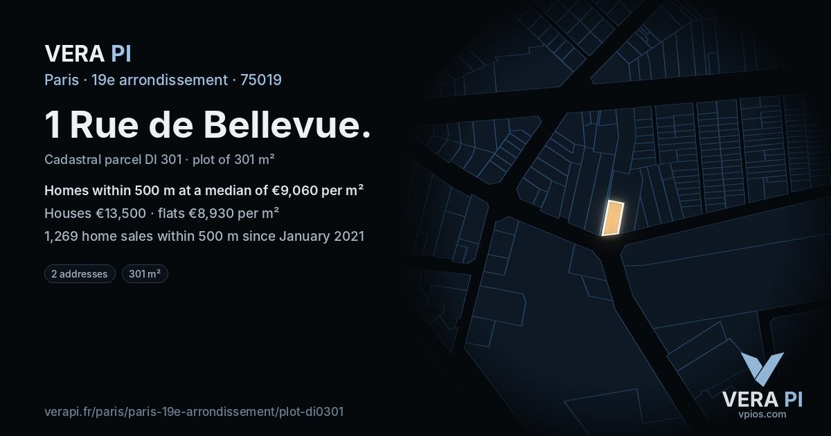 1 Rue de Bellevue, 19e arrondissement at night – the plot lit, the parcels around coloured by the prices near them