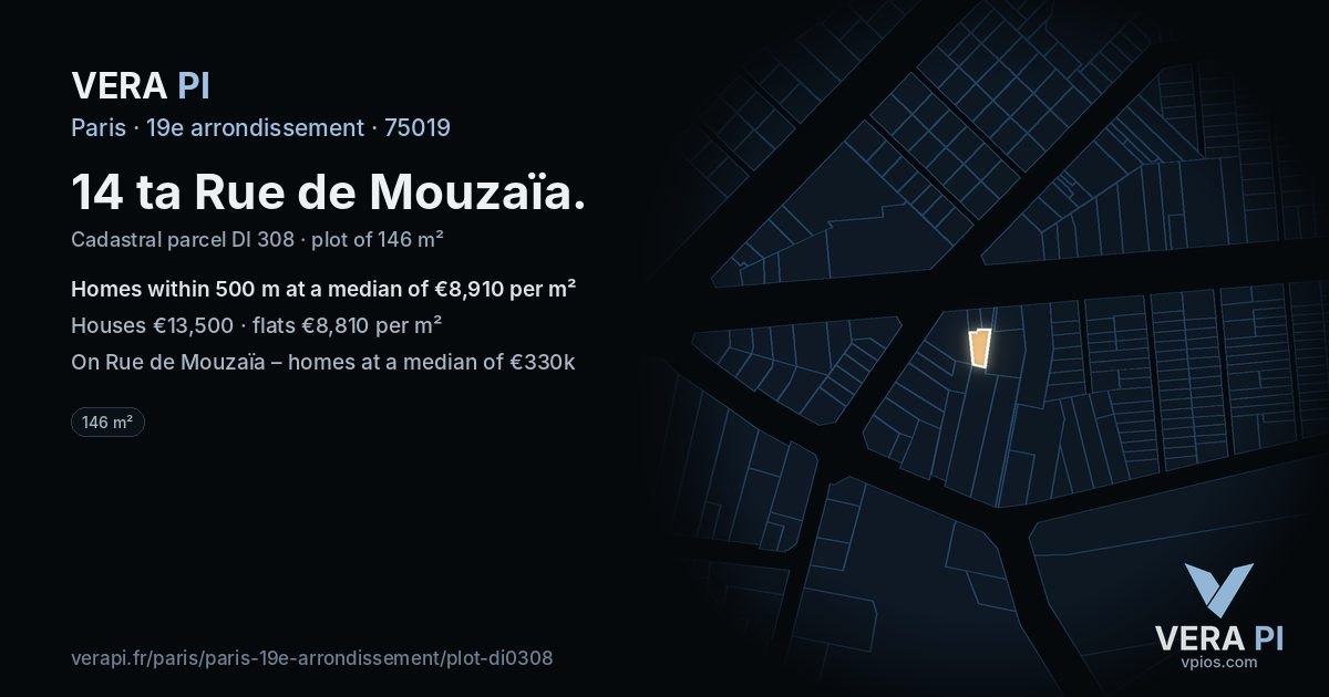 14 ta Rue de Mouzaïa, 19e arrondissement at night – the plot lit, the parcels around coloured by the prices near them