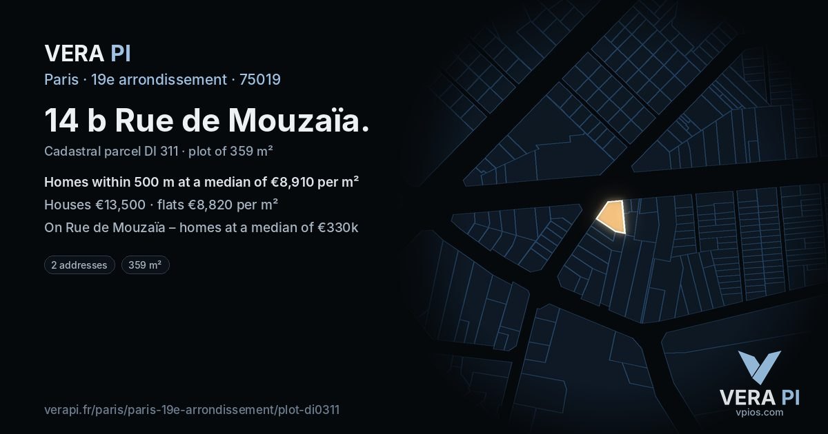 14 b Rue de Mouzaïa, 19e arrondissement at night – the plot lit, the parcels around coloured by the prices near them
