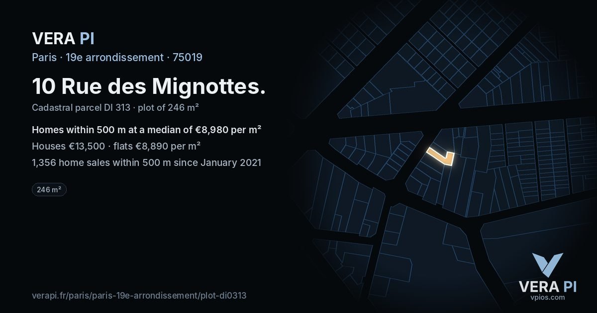 10 Rue des Mignottes, 19e arrondissement at night – the plot lit, the parcels around coloured by the prices near them