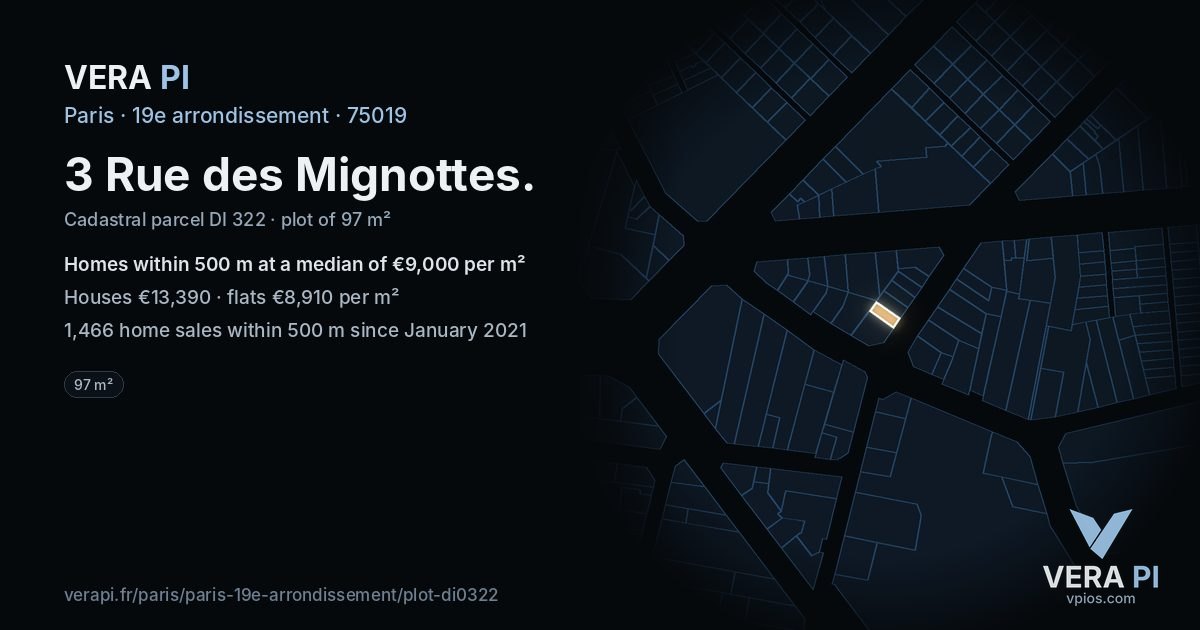 3 Rue des Mignottes, 19e arrondissement at night – the plot lit, the parcels around coloured by the prices near them