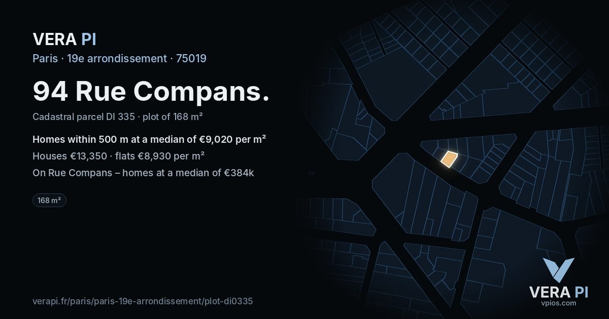 94 Rue Compans, 19e arrondissement at night – the plot lit, the parcels around coloured by the prices near them