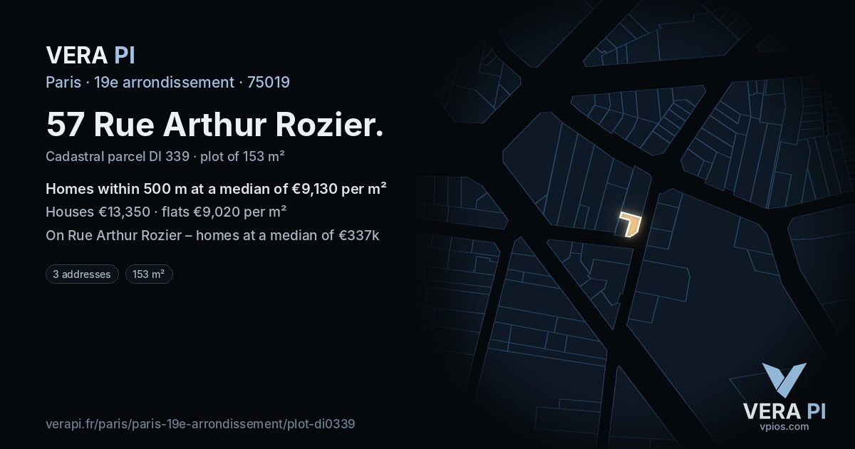 57 Rue Arthur Rozier, 19e arrondissement at night – the plot lit, the parcels around coloured by the prices near them