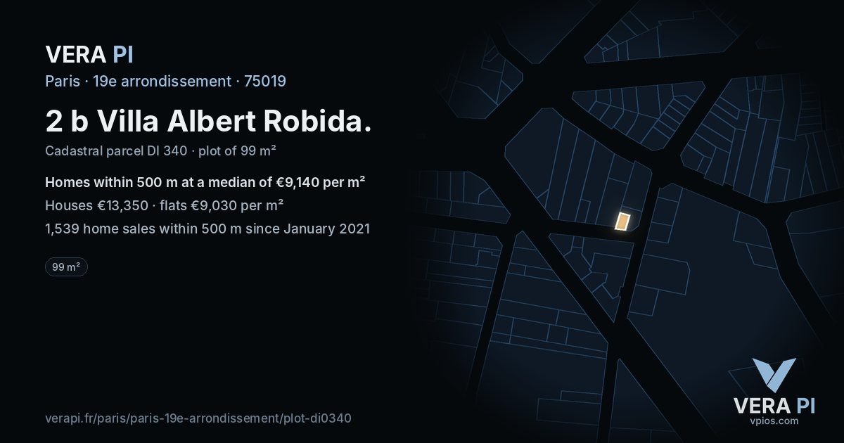 2 b Villa Albert Robida, 19e arrondissement at night – the plot lit, the parcels around coloured by the prices near them