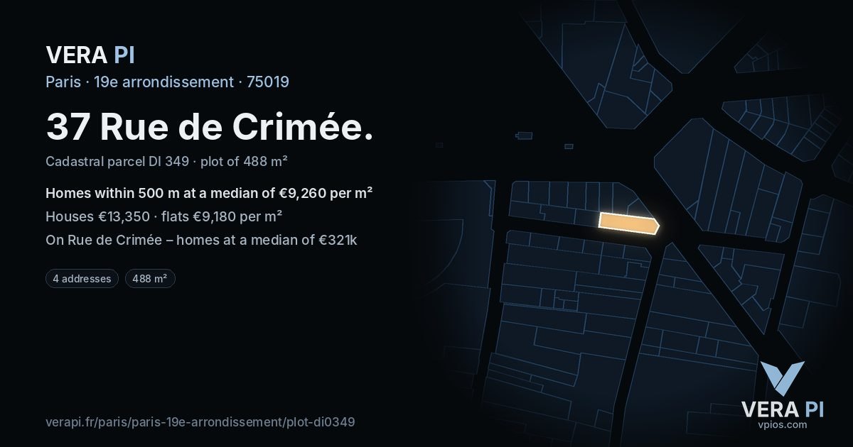 37 Rue de Crimée, 19e arrondissement at night – the plot lit, the parcels around coloured by the prices near them