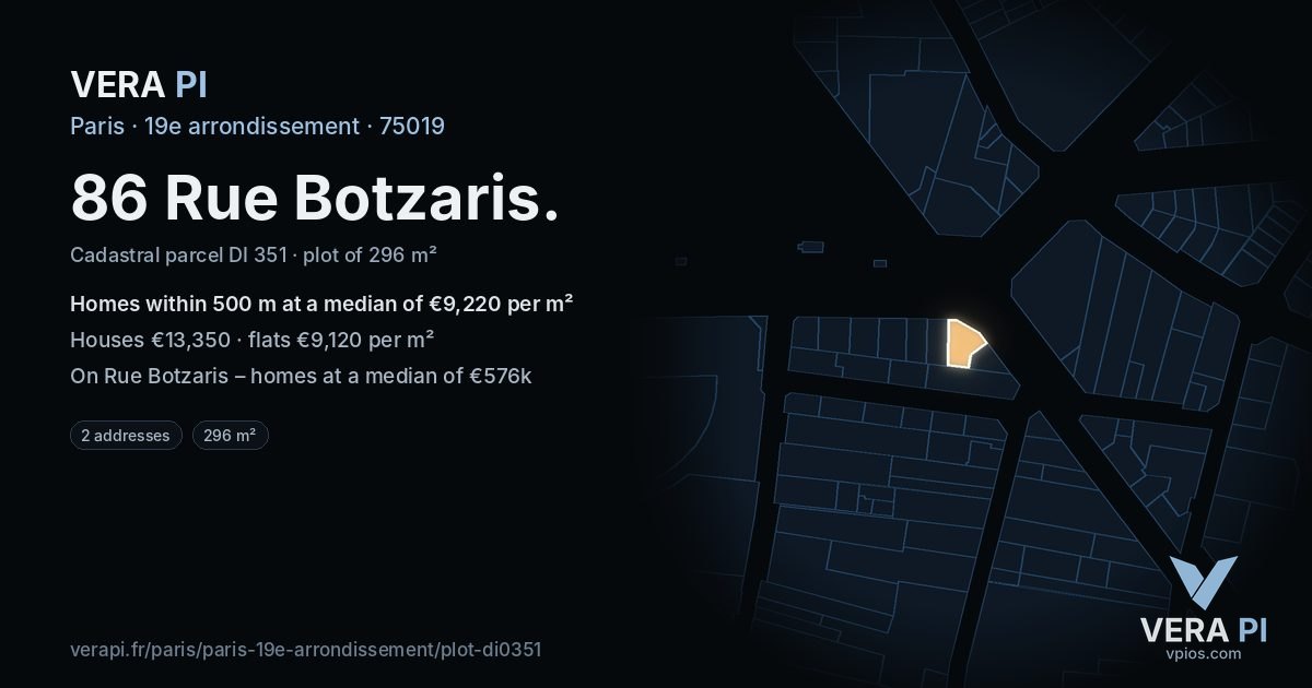 86 Rue Botzaris, 19e arrondissement at night – the plot lit, the parcels around coloured by the prices near them