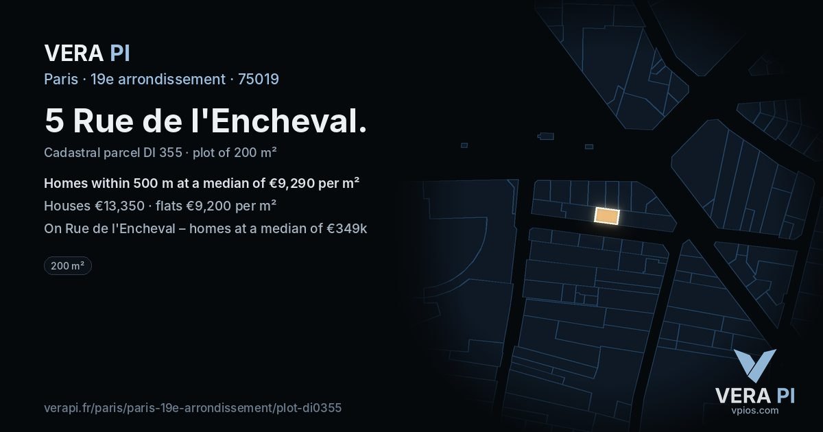 5 Rue de l'Encheval, 19e arrondissement at night – the plot lit, the parcels around coloured by the prices near them