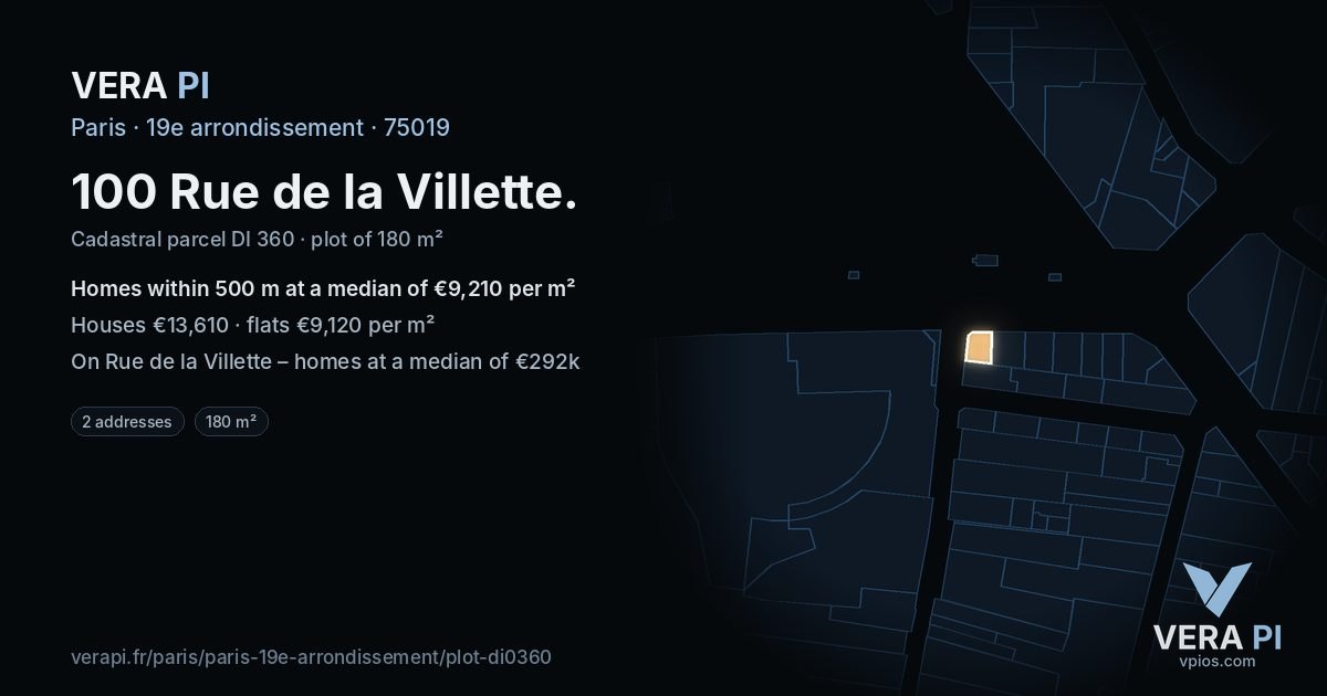 100 Rue de la Villette, 19e arrondissement at night – the plot lit, the parcels around coloured by the prices near them