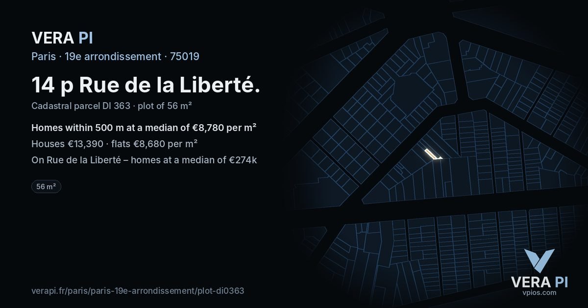 14 p Rue de la Liberté, 19e arrondissement at night – the plot lit, the parcels around coloured by the prices near them