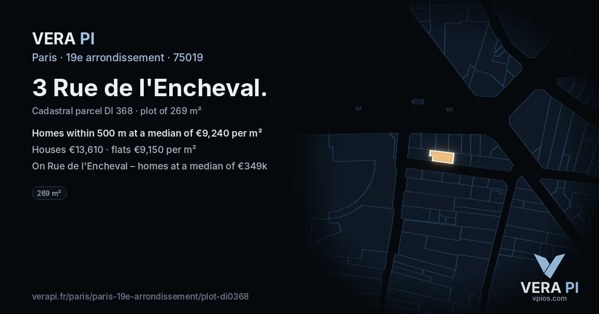 3 Rue de l'Encheval, 19e arrondissement at night – the plot lit, the parcels around coloured by the prices near them