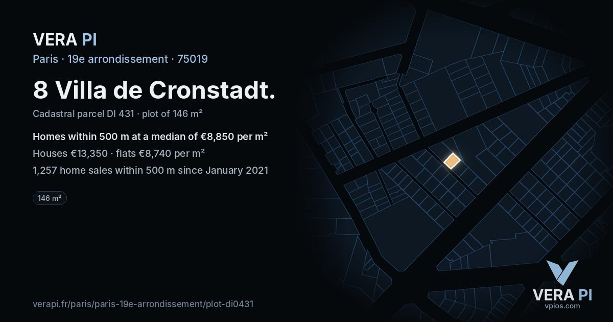 8 Villa de Cronstadt, 19e arrondissement at night – the plot lit, the parcels around coloured by the prices near them