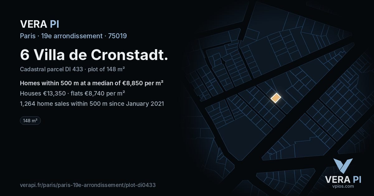 6 Villa de Cronstadt, 19e arrondissement at night – the plot lit, the parcels around coloured by the prices near them