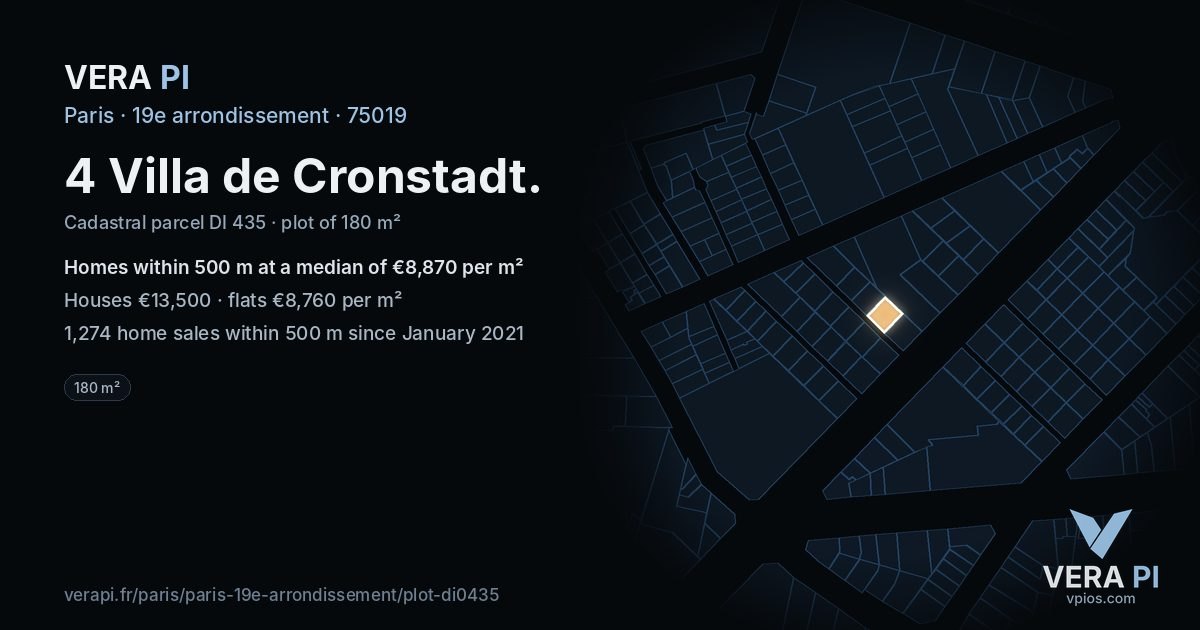 4 Villa de Cronstadt, 19e arrondissement at night – the plot lit, the parcels around coloured by the prices near them