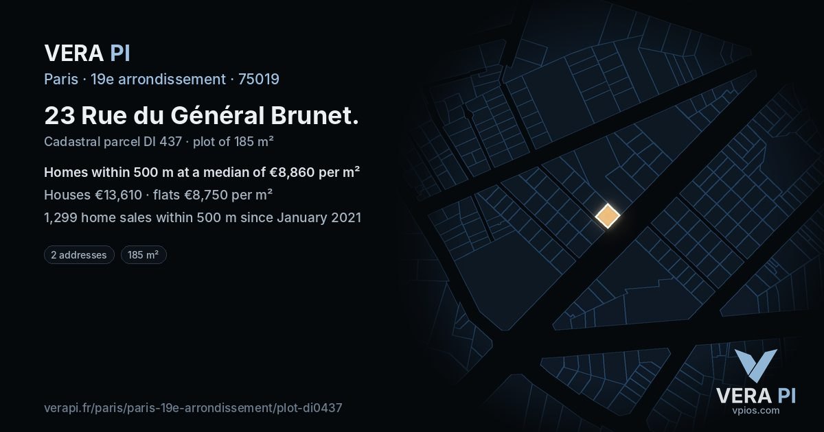 23 Rue du Général Brunet, 19e arrondissement at night – the plot lit, the parcels around coloured by the prices near them