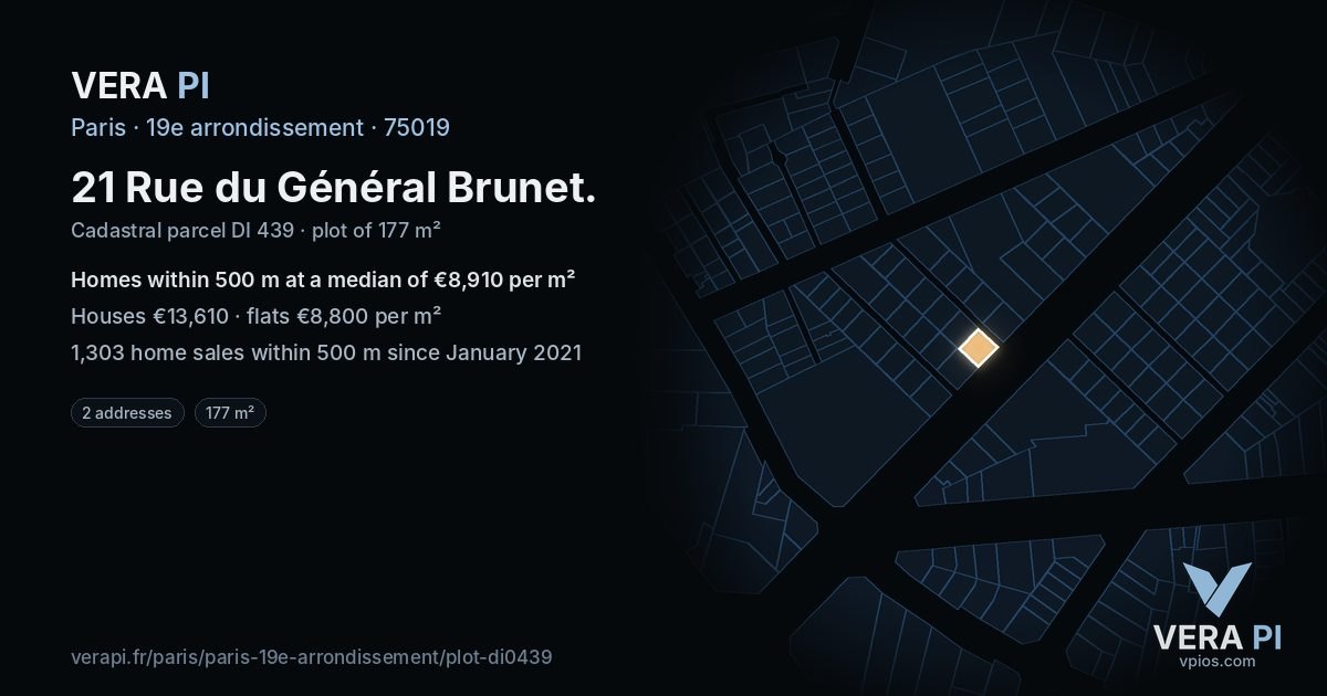 21 Rue du Général Brunet, 19e arrondissement at night – the plot lit, the parcels around coloured by the prices near them