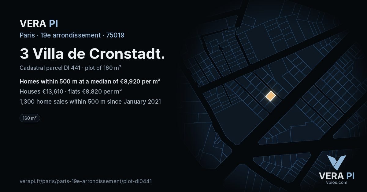3 Villa de Cronstadt, 19e arrondissement at night – the plot lit, the parcels around coloured by the prices near them