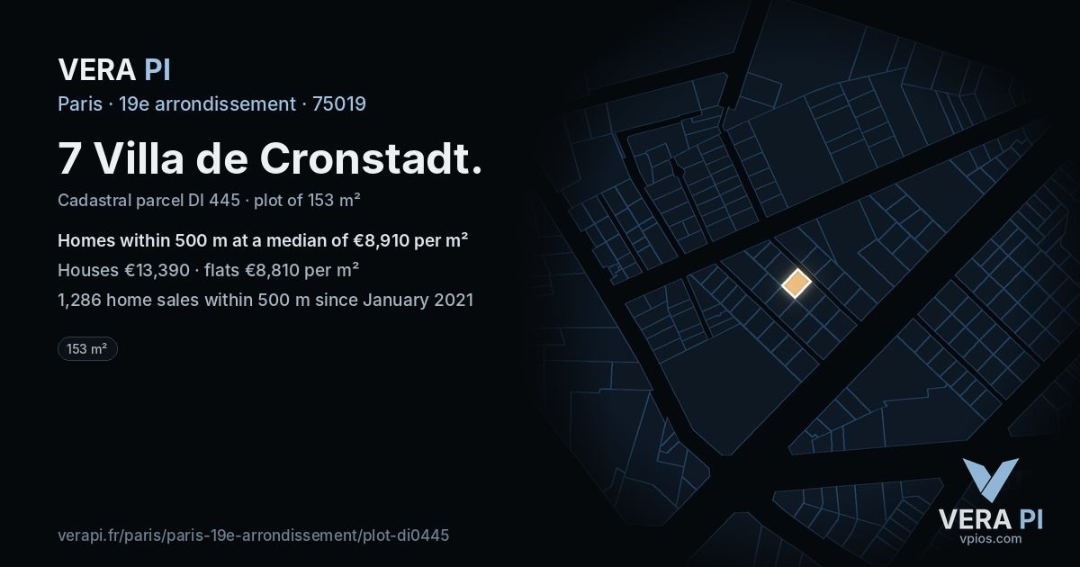 7 Villa de Cronstadt, 19e arrondissement at night – the plot lit, the parcels around coloured by the prices near them