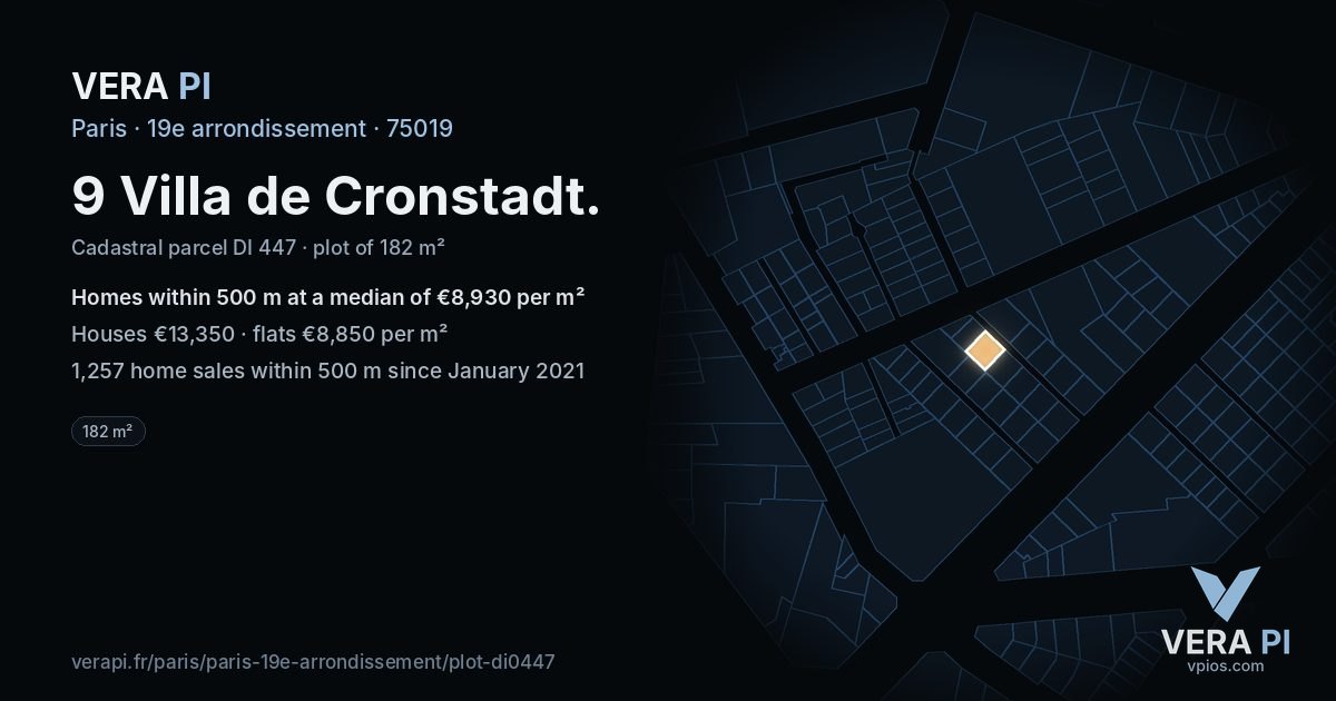 9 Villa de Cronstadt, 19e arrondissement at night – the plot lit, the parcels around coloured by the prices near them