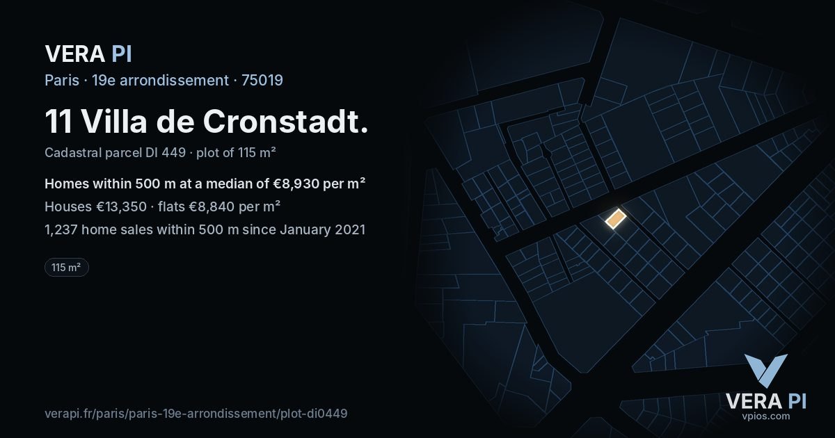11 Villa de Cronstadt, 19e arrondissement at night – the plot lit, the parcels around coloured by the prices near them