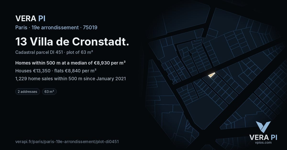 13 Villa de Cronstadt, 19e arrondissement at night – the plot lit, the parcels around coloured by the prices near them