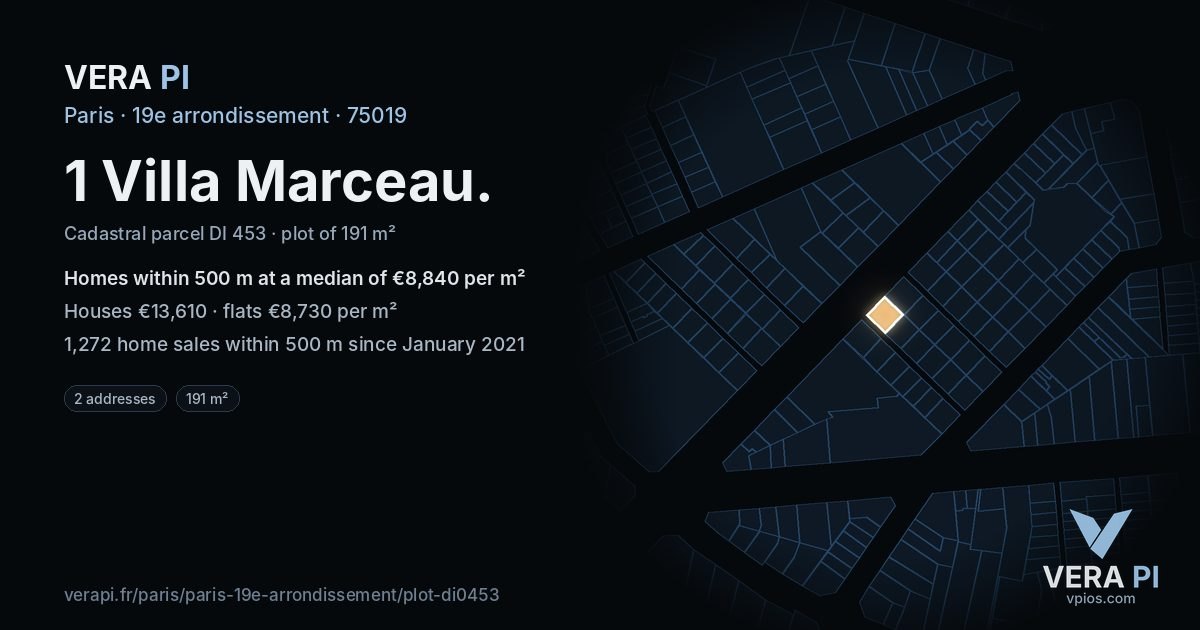 1 Villa Marceau, 19e arrondissement at night – the plot lit, the parcels around coloured by the prices near them
