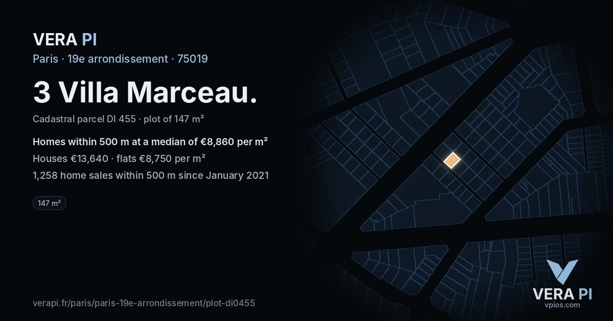 3 Villa Marceau, 19e arrondissement at night – the plot lit, the parcels around coloured by the prices near them