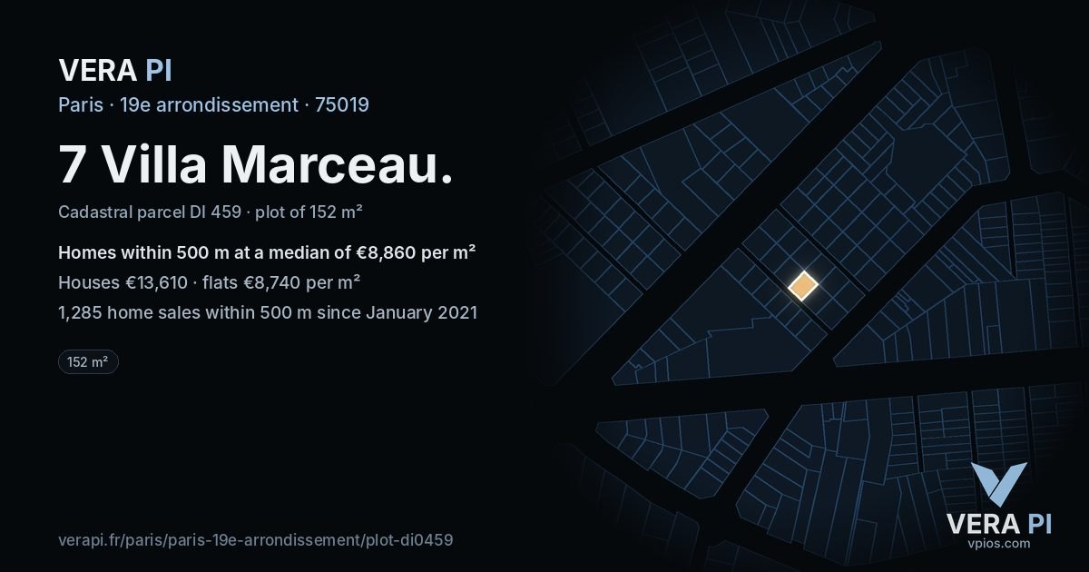 7 Villa Marceau, 19e arrondissement at night – the plot lit, the parcels around coloured by the prices near them