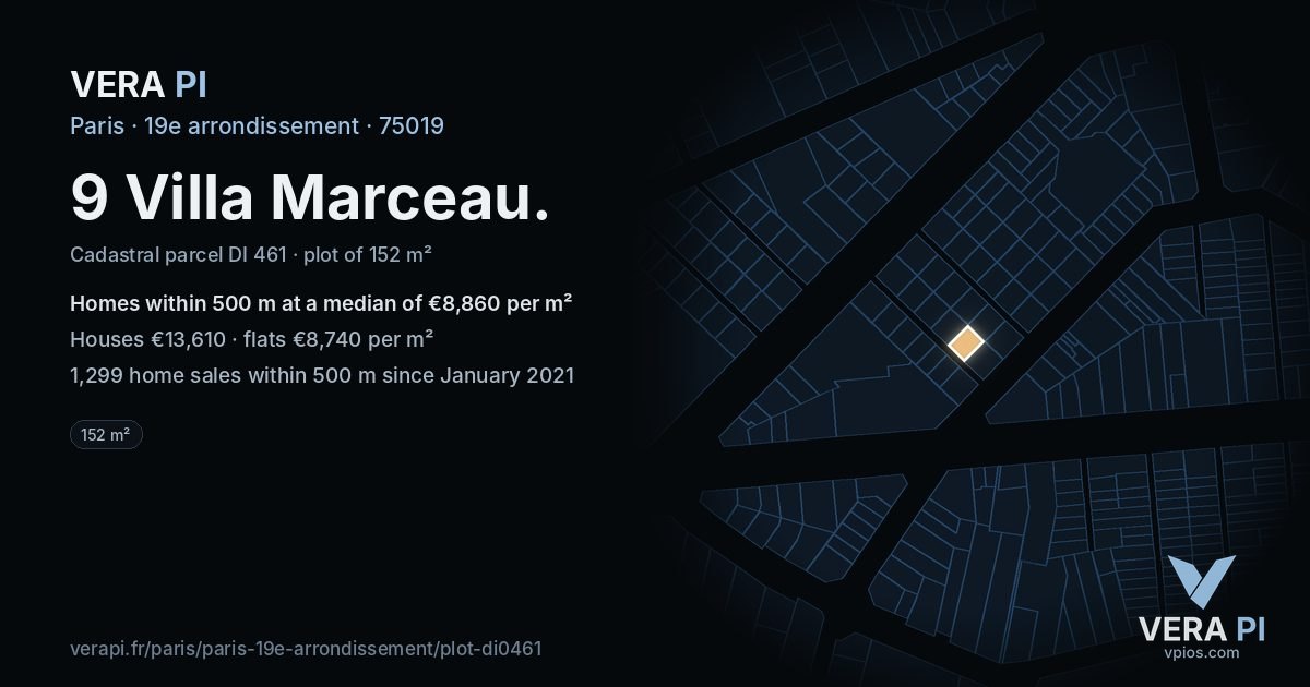 9 Villa Marceau, 19e arrondissement at night – the plot lit, the parcels around coloured by the prices near them