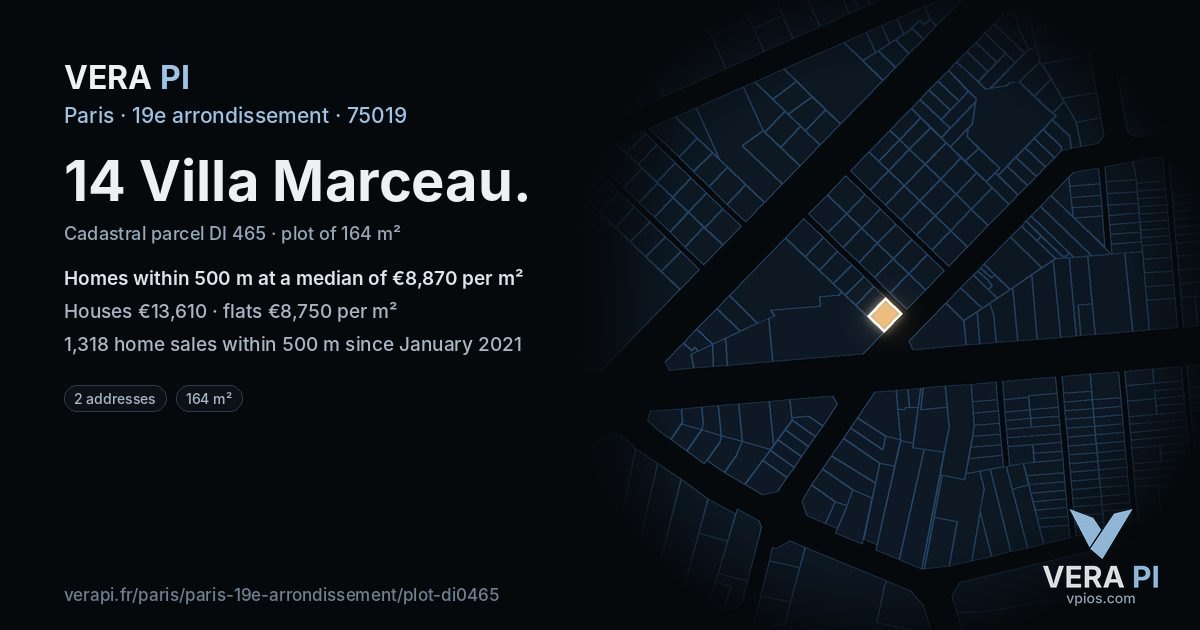 14 Villa Marceau, 19e arrondissement at night – the plot lit, the parcels around coloured by the prices near them