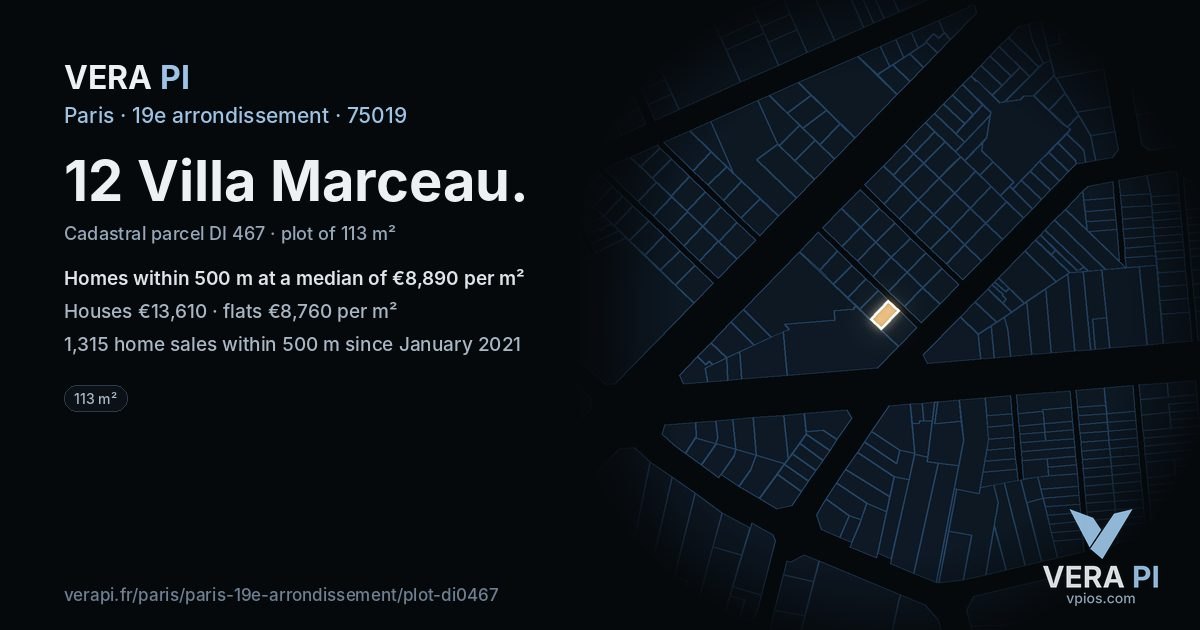 12 Villa Marceau, 19e arrondissement at night – the plot lit, the parcels around coloured by the prices near them