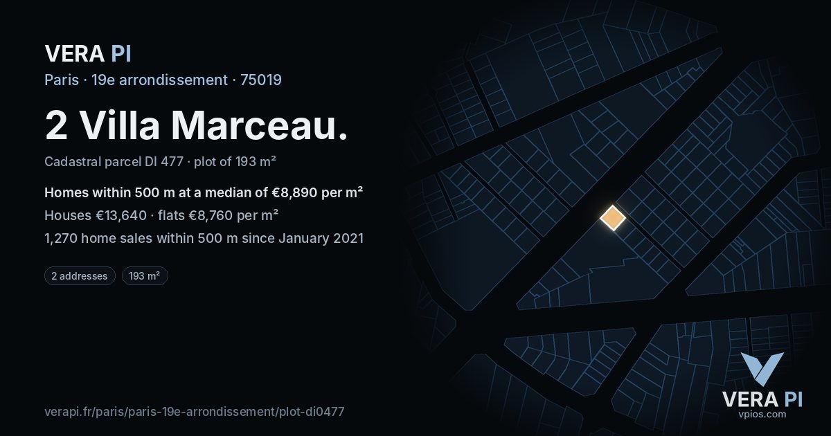 2 Villa Marceau, 19e arrondissement at night – the plot lit, the parcels around coloured by the prices near them