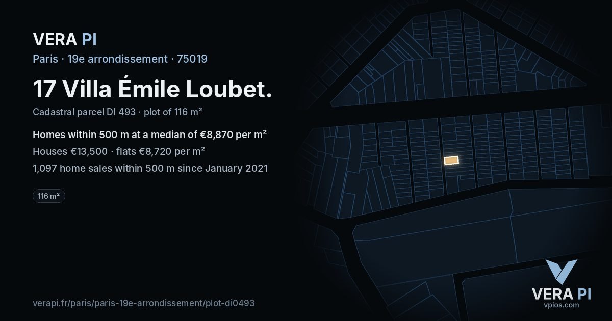 17 Villa Émile Loubet, 19e arrondissement at night – the plot lit, the parcels around coloured by the prices near them
