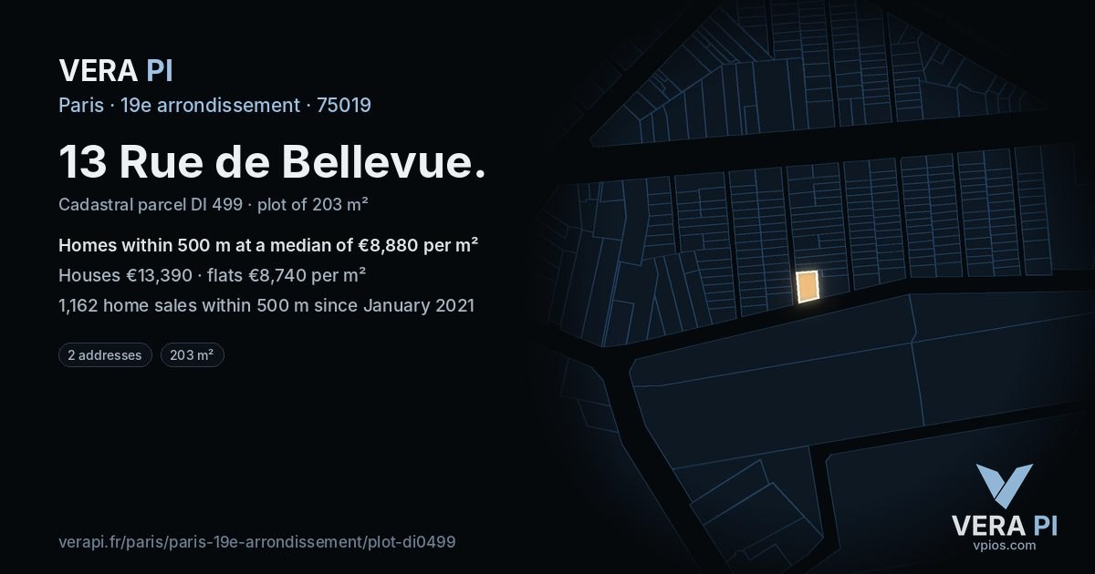 13 Rue de Bellevue, 19e arrondissement at night – the plot lit, the parcels around coloured by the prices near them