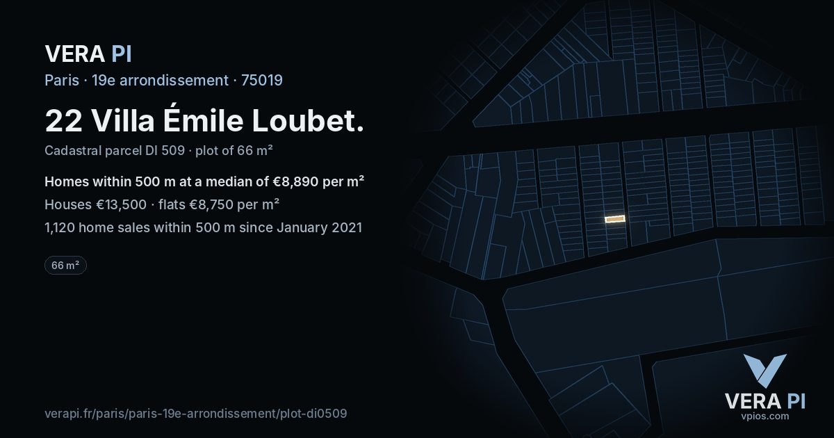 22 Villa Émile Loubet, 19e arrondissement at night – the plot lit, the parcels around coloured by the prices near them