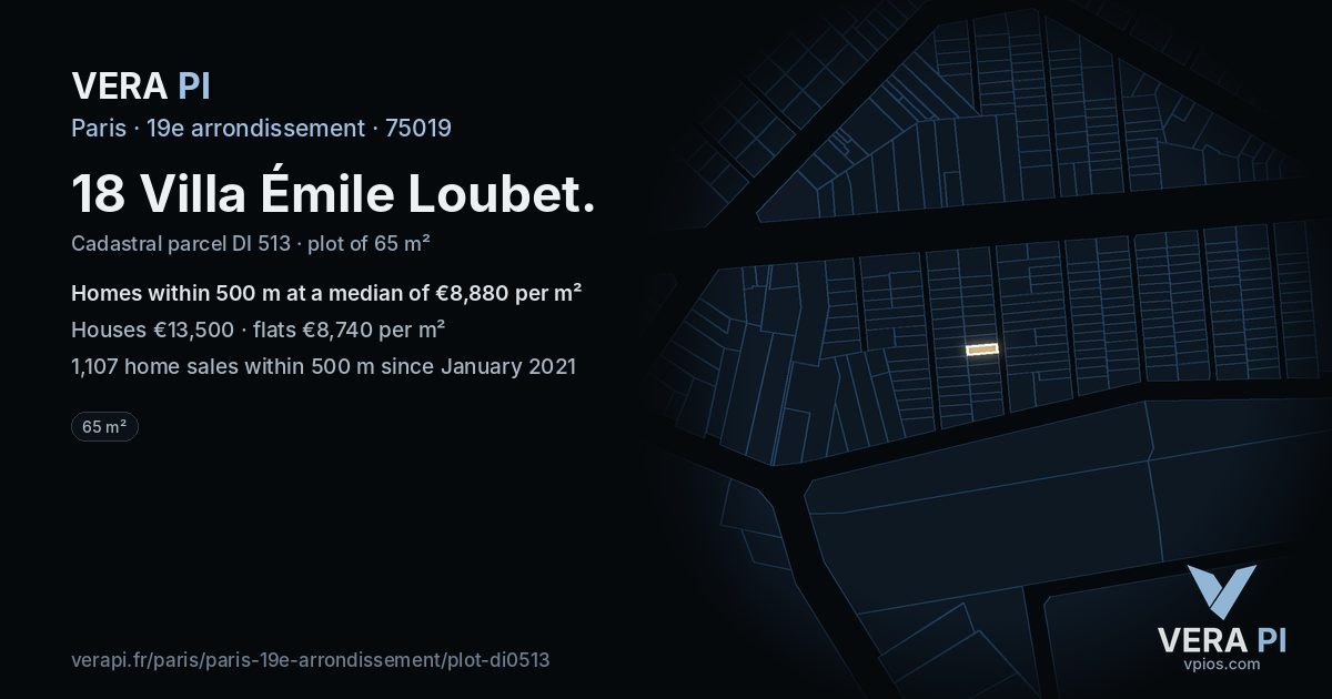 18 Villa Émile Loubet, 19e arrondissement at night – the plot lit, the parcels around coloured by the prices near them