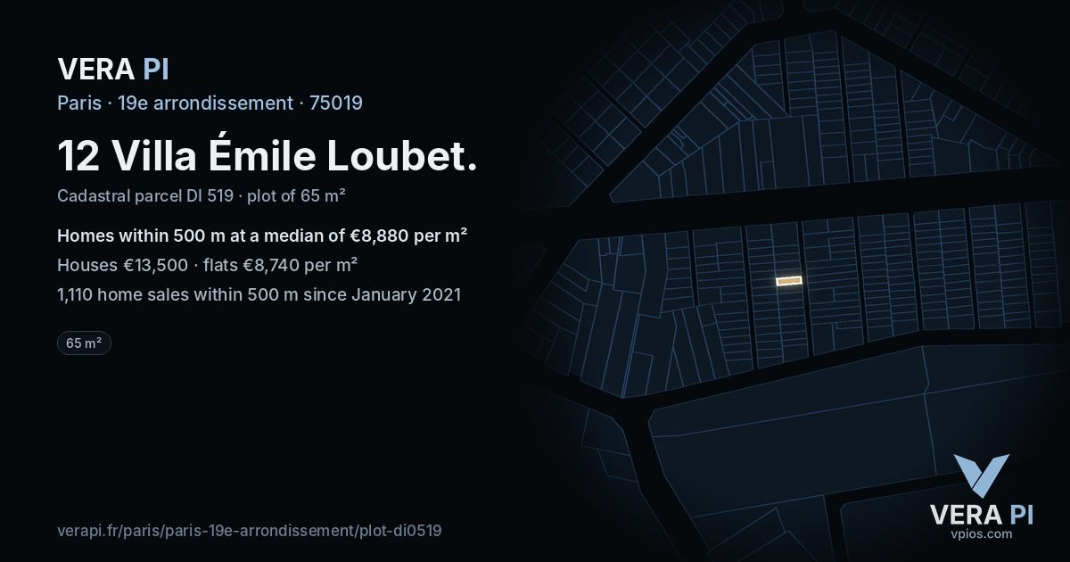 12 Villa Émile Loubet, 19e arrondissement at night – the plot lit, the parcels around coloured by the prices near them