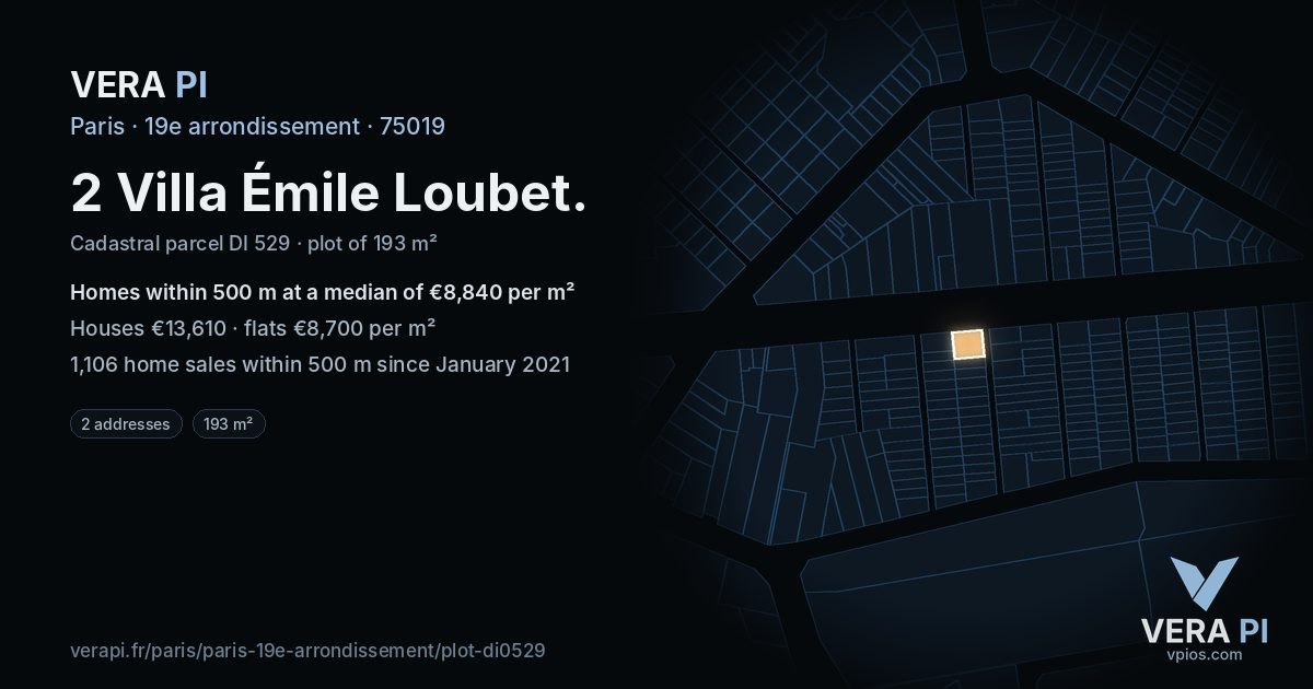 2 Villa Émile Loubet, 19e arrondissement at night – the plot lit, the parcels around coloured by the prices near them