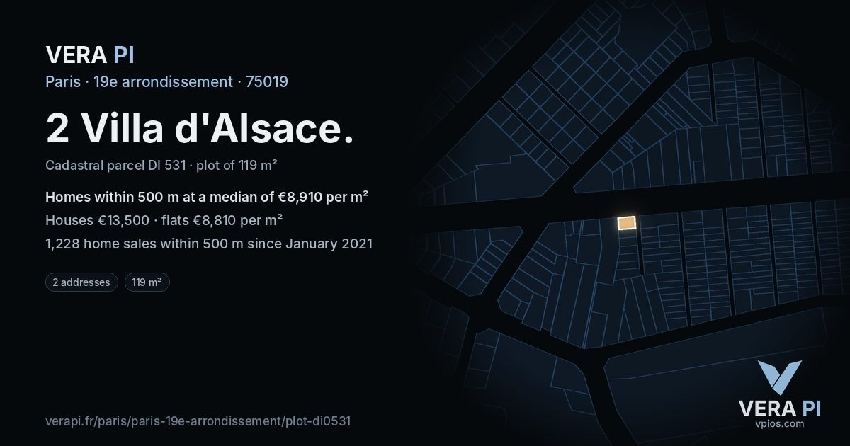 2 Villa d'Alsace, 19e arrondissement at night – the plot lit, the parcels around coloured by the prices near them