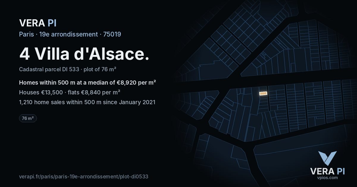 4 Villa d'Alsace, 19e arrondissement at night – the plot lit, the parcels around coloured by the prices near them