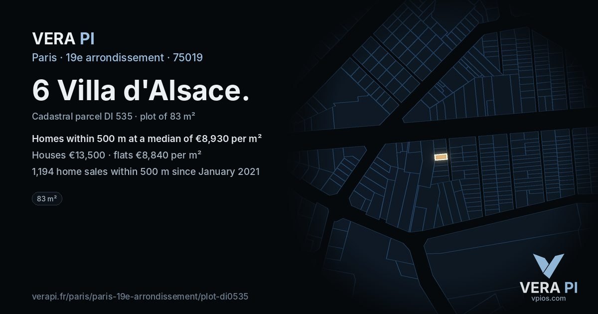 6 Villa d'Alsace, 19e arrondissement at night – the plot lit, the parcels around coloured by the prices near them