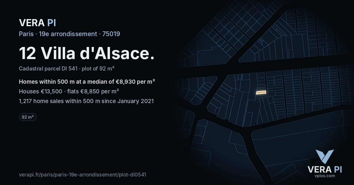 12 Villa d'Alsace, 19e arrondissement at night – the plot lit, the parcels around coloured by the prices near them