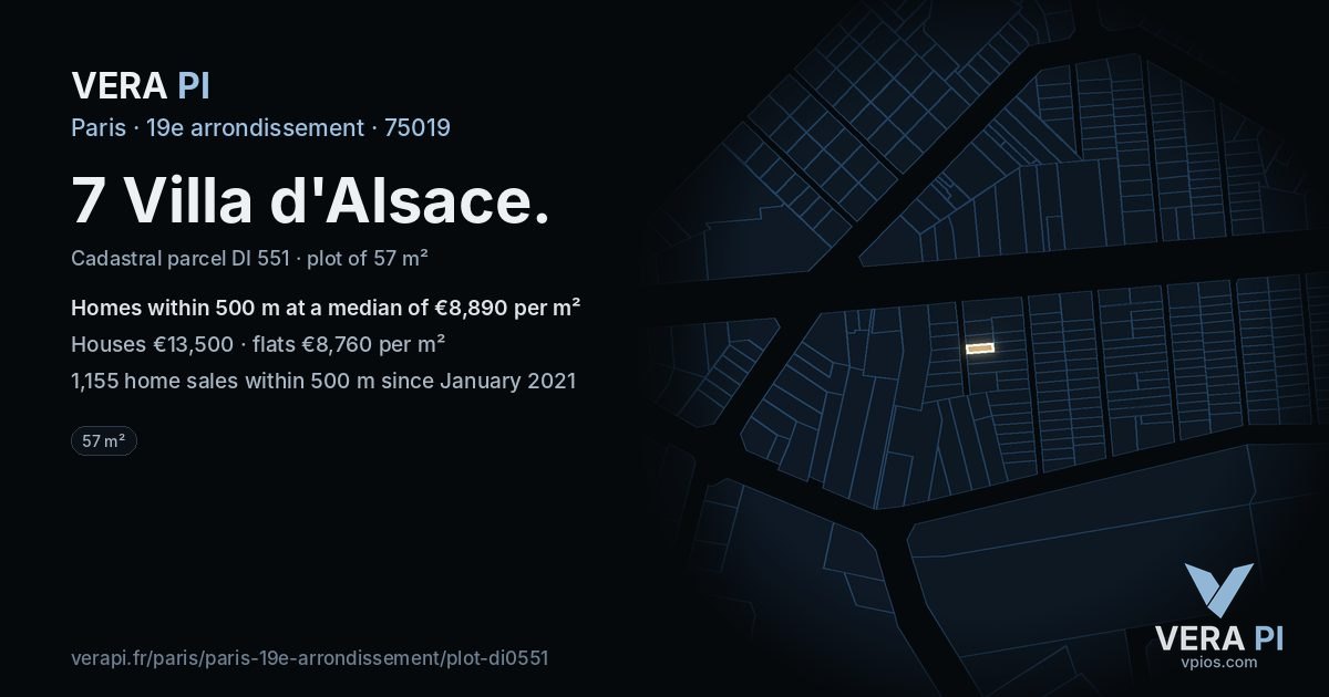 7 Villa d'Alsace, 19e arrondissement at night – the plot lit, the parcels around coloured by the prices near them