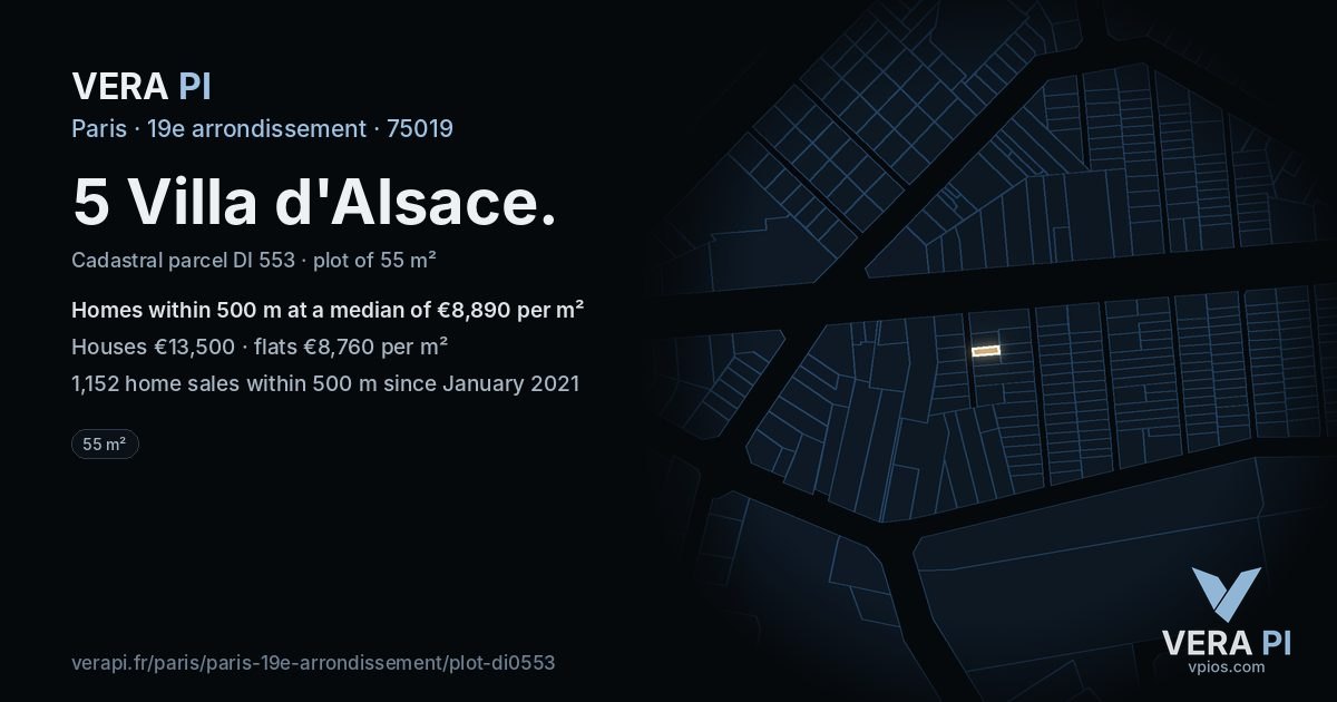 5 Villa d'Alsace, 19e arrondissement at night – the plot lit, the parcels around coloured by the prices near them