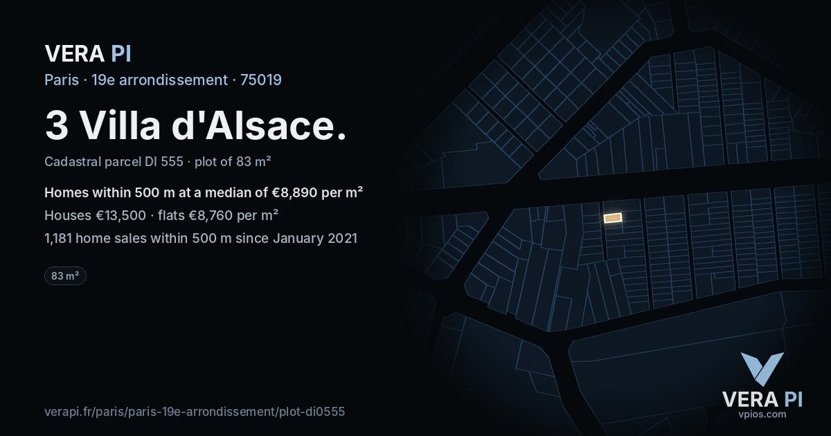 3 Villa d'Alsace, 19e arrondissement at night – the plot lit, the parcels around coloured by the prices near them