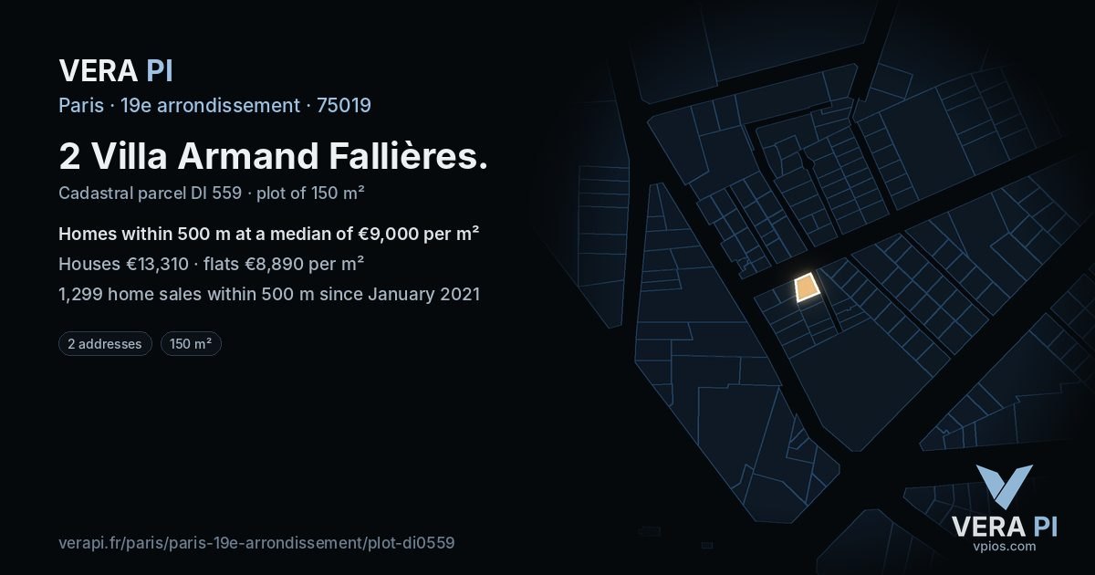 2 Villa Armand Fallières, 19e arrondissement at night – the plot lit, the parcels around coloured by the prices near them