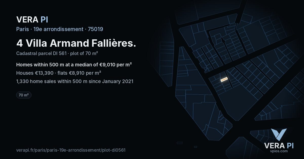 4 Villa Armand Fallières, 19e arrondissement at night – the plot lit, the parcels around coloured by the prices near them