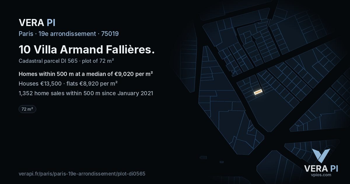 10 Villa Armand Fallières, 19e arrondissement at night – the plot lit, the parcels around coloured by the prices near them