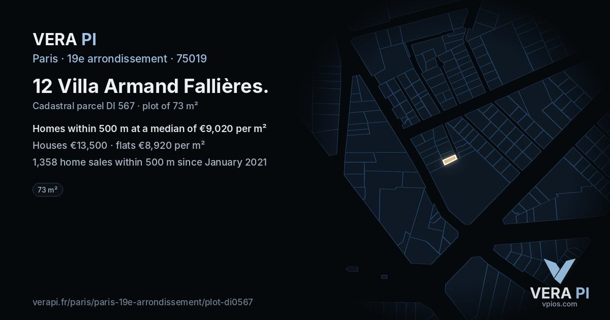 12 Villa Armand Fallières, 19e arrondissement at night – the plot lit, the parcels around coloured by the prices near them