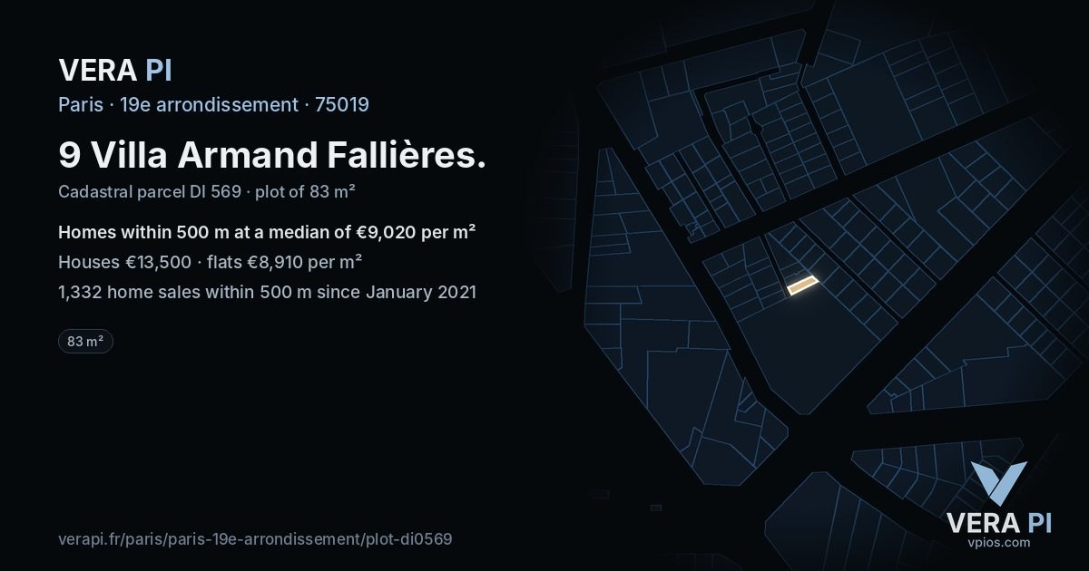 9 Villa Armand Fallières, 19e arrondissement at night – the plot lit, the parcels around coloured by the prices near them
