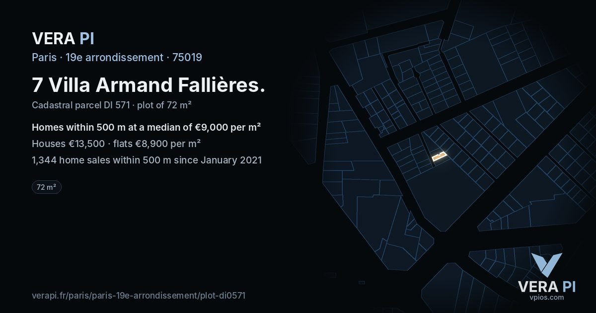 7 Villa Armand Fallières, 19e arrondissement at night – the plot lit, the parcels around coloured by the prices near them